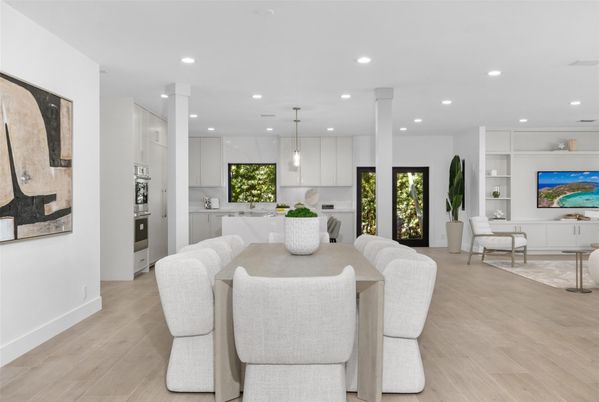 Dining room, Interior, Kitchen, Pendant Lights, Recessed Lighting, Stainless Steel Appliances, Wood Texture Flooring