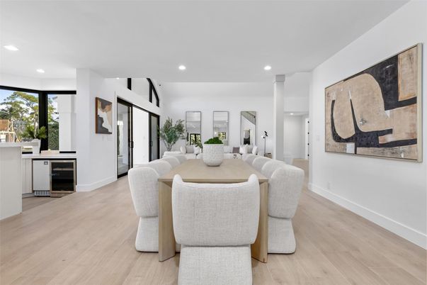 Dining room, Interior, Recessed Lighting, Wood Texture Flooring