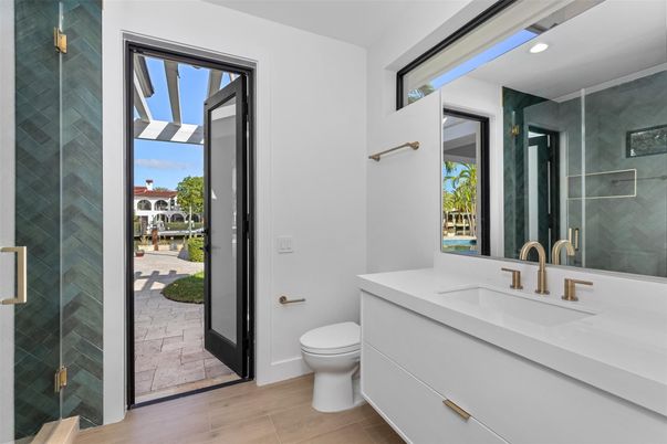 Bathroom, Glass Shower, Interior, Recessed Lighting, Wood Texture Flooring