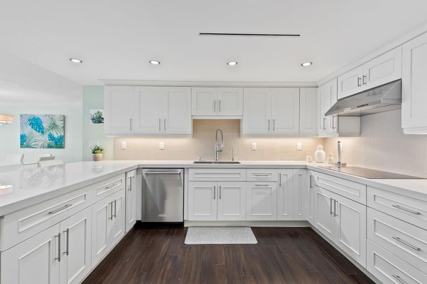 Interior, Kitchen, Recessed Lighting, Stainless Steel Appliances, Wood Texture Flooring
