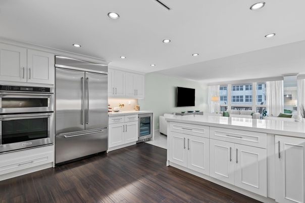 Interior, Kitchen, Recessed Lighting, Stainless Steel Appliances, Wood Texture Flooring
