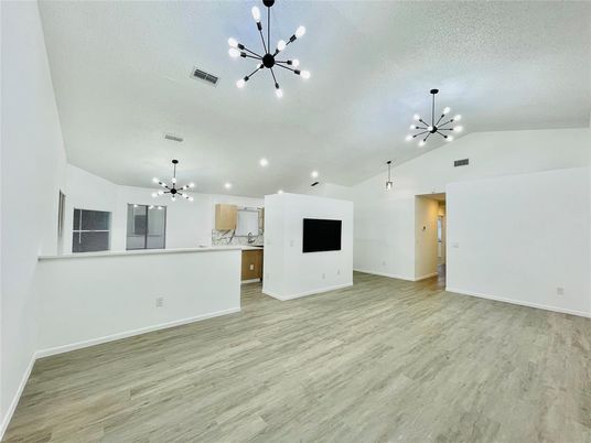 Empty room, Interior, Kitchen, Pendant Lights, Wood Texture Flooring