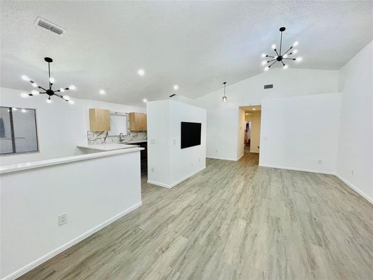 Empty room, Interior, Kitchen, Pendant Lights, Recessed Lighting, Wood Texture Flooring