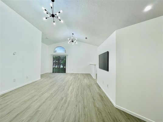 Empty room, Interior, Pendant Lights, Recessed Lighting, Wood Texture Flooring