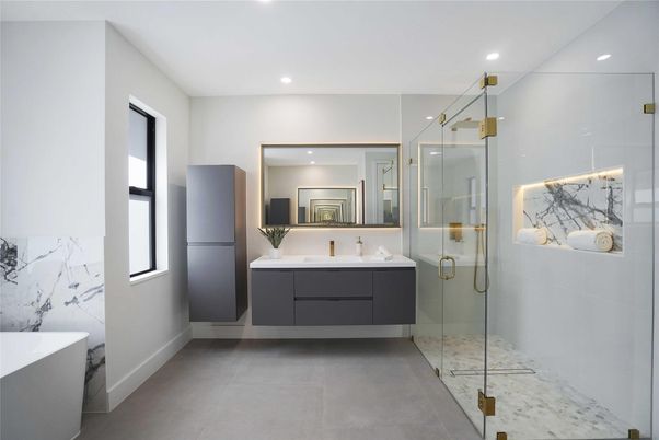 Bathroom, Glass Shower, Interior, Marble Walls, Recessed Lighting