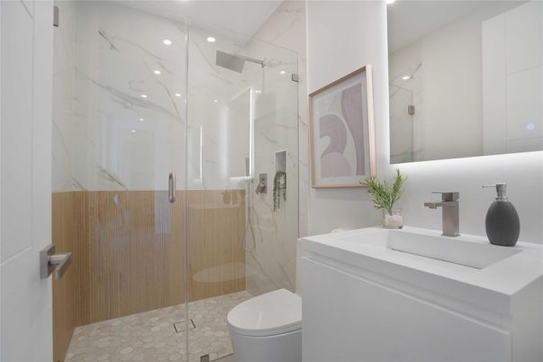 Bathroom, Glass Shower, Interior, Marble Walls, Recessed Lighting