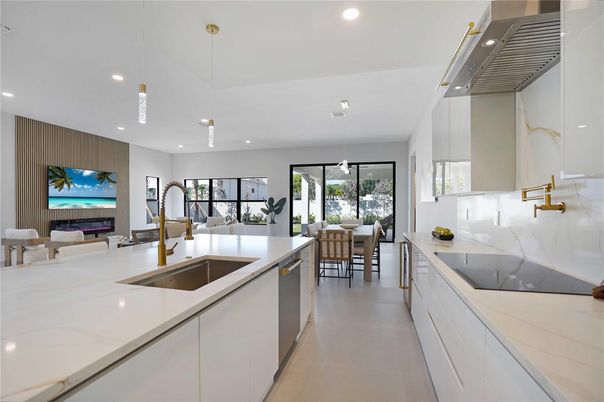 Dining room, Fireplace, Interior, Kitchen, Living room, Pendant Lights, Recessed Lighting