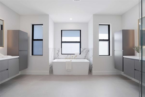 Bathroom, Free Standing Baths, Interior, Marble Walls, Recessed Lighting