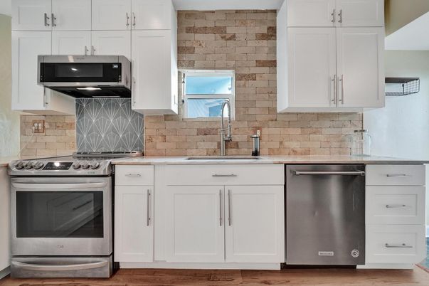 Interior, Kitchen, Stainless Steel Appliances, Stone Walls, Wood Texture Flooring