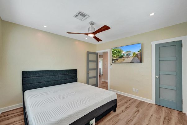 Bedroom, Interior, Recessed Lighting, Wood Texture Flooring