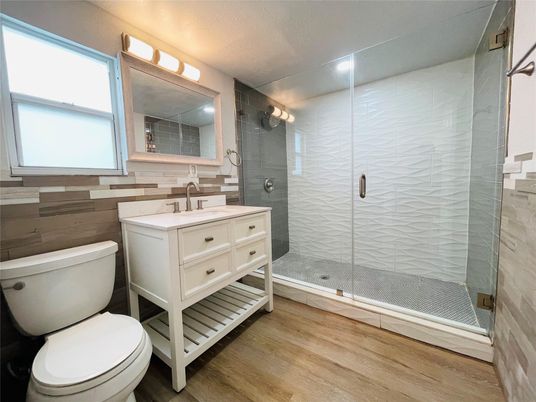Bathroom, Glass Shower, Interior, Wood Texture Flooring