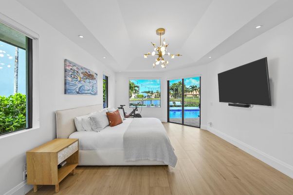 Bedroom, Interior, Pendant Lights, Recessed Lighting, Wood Texture Flooring