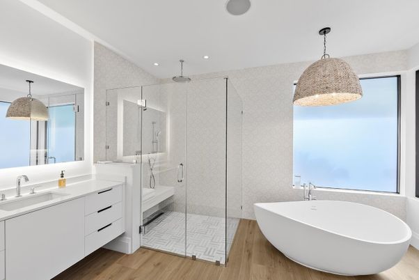 Bathroom, Dual Sink Vanities, Free Standing Baths, Glass Shower, Interior, Pendant Lights, Recessed Lighting, Wood Texture Flooring
