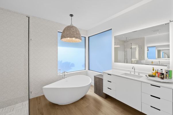 Bathroom, Dual Sink Vanities, Free Standing Baths, Interior, Pendant Lights, Wood Texture Flooring