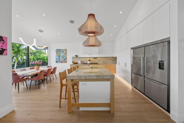 Dining room, Interior, Kitchen, Pendant Lights, Recessed Lighting, Stainless Steel Appliances, Wood Texture Flooring