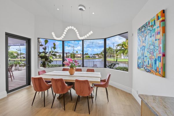Dining room, Interior, Pendant Lights, Recessed Lighting, Wood Texture Flooring