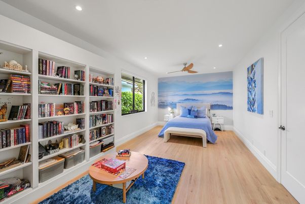 Bedroom, Interior, Recessed Lighting, Wood Texture Flooring