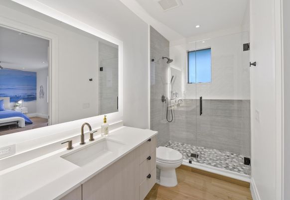 Bathroom, Glass Shower, Interior, Recessed Lighting, Wood Texture Flooring