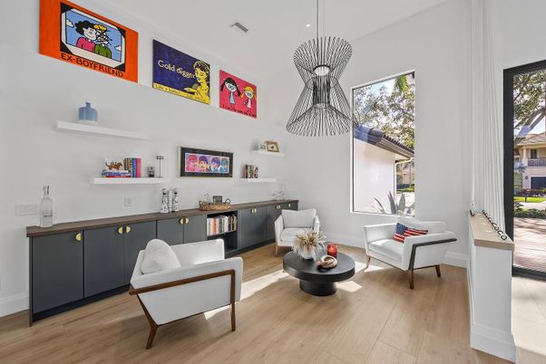 Interior, Living room, Pendant Lights, Recessed Lighting, Wood Texture Flooring