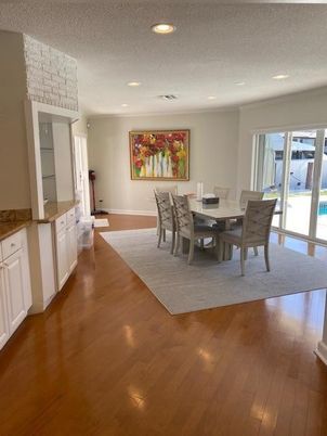 Dining room, Interior, Recessed Lighting, Wood Texture Flooring