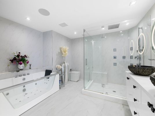 Bathroom, Glass Shower, Interior, Marble, Marble Walls, Recessed Lighting