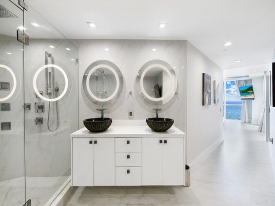 Bathroom, Dual Sink Vanities, Glass Shower, Interior, Marble, Marble Walls, Recessed Lighting
