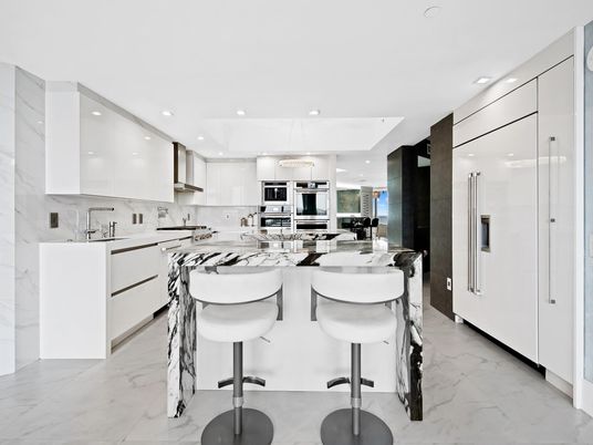 Interior, Kitchen, Marble, Marble Walls, Recessed Lighting, Stainless Steel Appliances