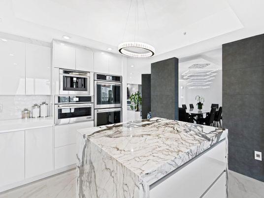 Interior, Kitchen, Marble, Pendant Lights, Recessed Lighting, Stainless Steel Appliances