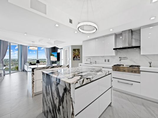 Interior, Kitchen, Marble, Marble Walls, Pendant Lights, Recessed Lighting, Stainless Steel Appliances