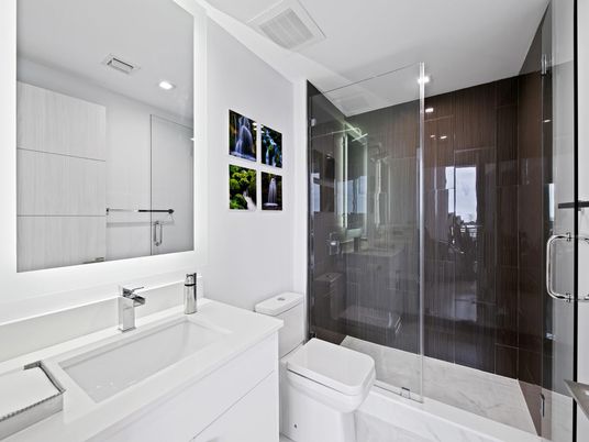 Bathroom, Glass Shower, Interior, Marble, Recessed Lighting