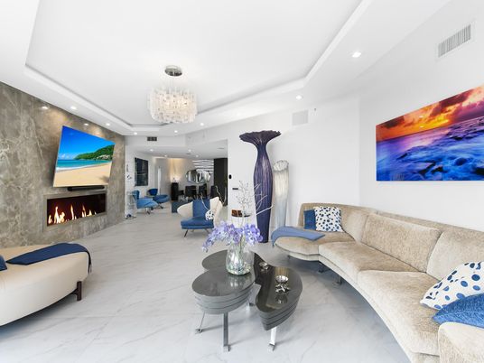 Chandelier, Fireplace, Interior, Living room, Marble, Recessed Lighting