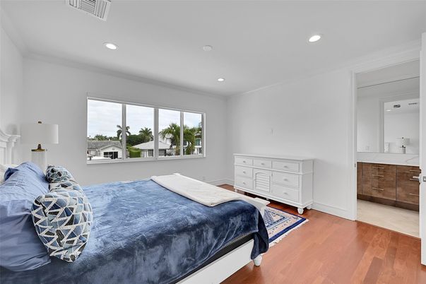 Bedroom, Interior, Recessed Lighting, Wood Texture Flooring