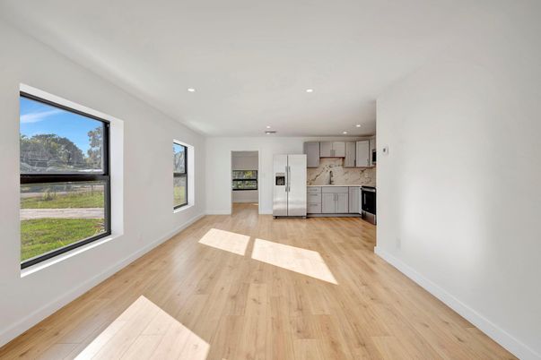 Empty room, Interior, Kitchen, Recessed Lighting, Wood Texture Flooring