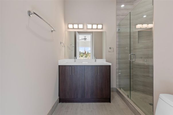 Bathroom, Glass Shower, Interior, Recessed Lighting, Wood Texture Flooring