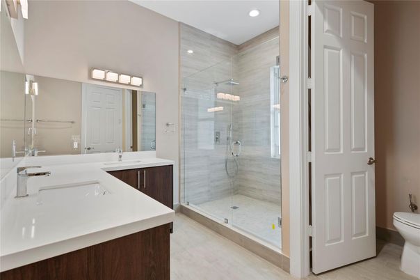 Bathroom, Dual Sink Vanities, Glass Shower, Interior, Recessed Lighting