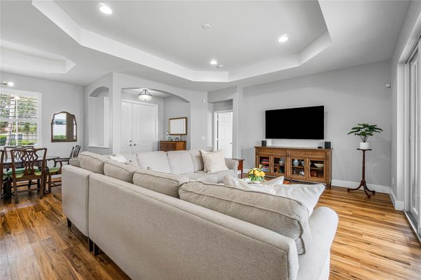 Dining room, Interior, Living room, Recessed Lighting, Wood Texture Flooring