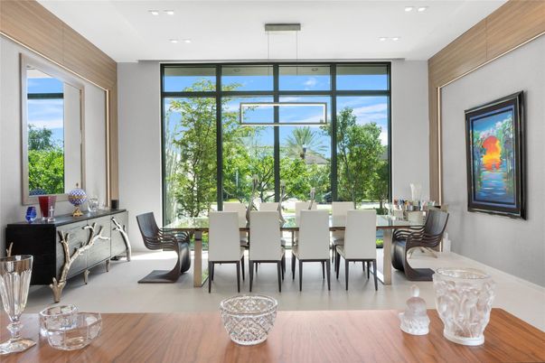 Dining room, Interior, Pendant Lights, Recessed Lighting, Wood Texture Flooring