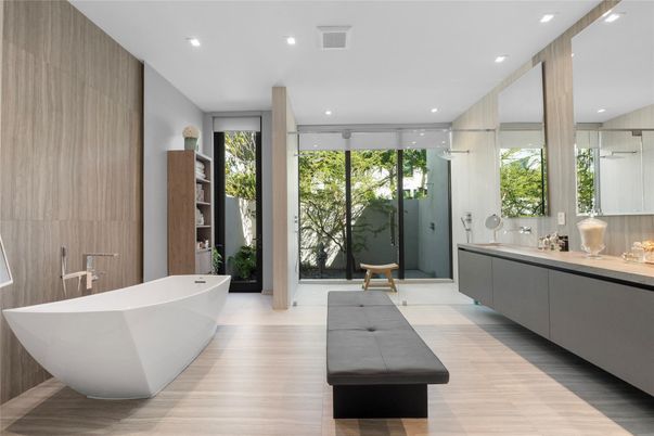 Bathroom, Dual Sink Vanities, Free Standing Baths, Glass Shower, Interior, Recessed Lighting, Wood Texture Flooring