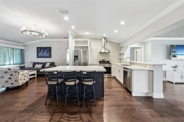 Interior, Kitchen, Living room, Recessed Lighting, Stainless Steel Appliances, Wood Texture Flooring