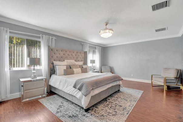 Bedroom, Chandelier, Interior, Wood Texture Flooring