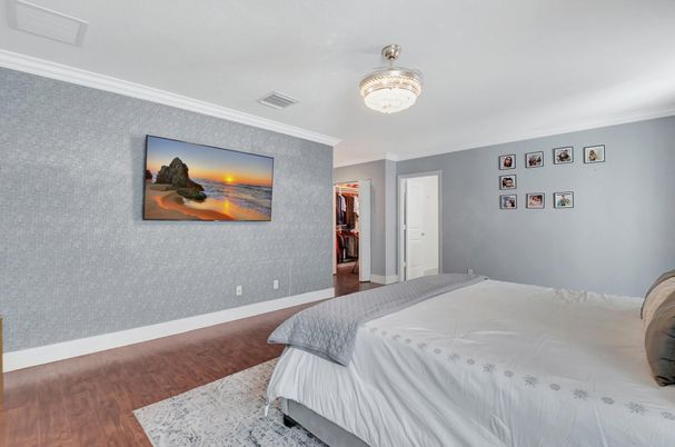 Bedroom, Chandelier, Interior, Wood Texture Flooring