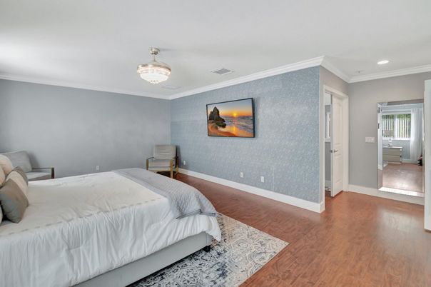 Bedroom, Chandelier, Interior, Recessed Lighting, Wood Texture Flooring