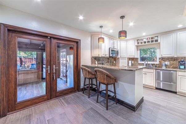Interior, Kitchen, Pendant Lights, Recessed Lighting, Wood Texture Flooring