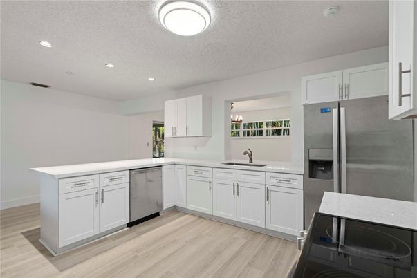 Interior, Kitchen, Recessed Lighting, Stainless Steel Appliances, Wood Texture Flooring