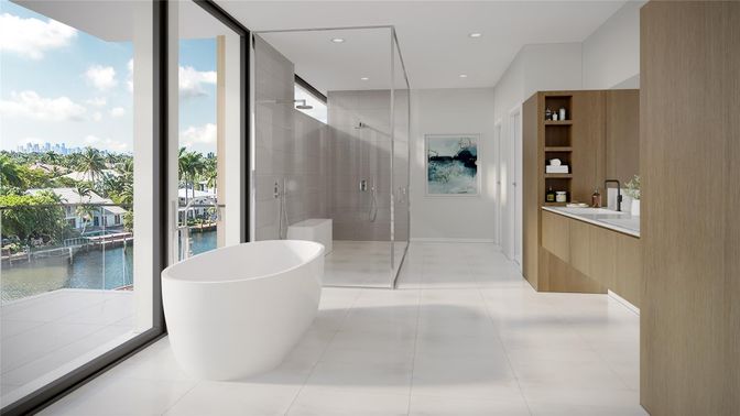 Bathroom, Free Standing Baths, Glass Shower, Interior, Recessed Lighting, Water