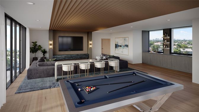Billiard Table, Game Room, Interior, Living room, Recessed Lighting, Wood Texture Flooring