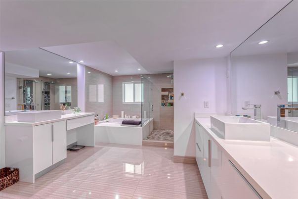 Bathroom, Dual Sink Vanities, Glass Shower, Interior, Recessed Lighting