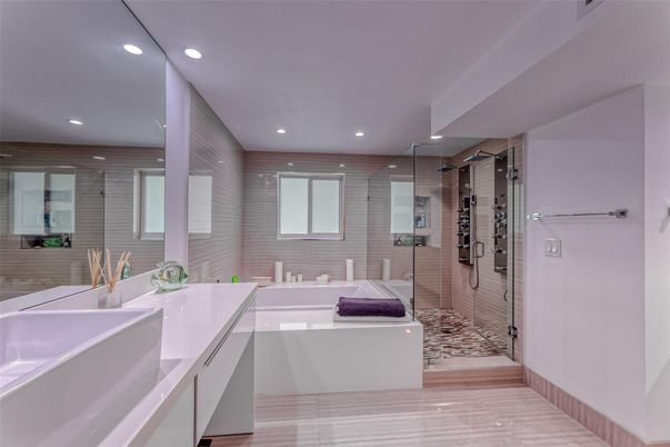 Bathroom, Dual Sink Vanities, Glass Shower, Interior, Recessed Lighting