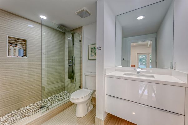Bathroom, Glass Shower, Interior, Recessed Lighting, Wood Texture Flooring