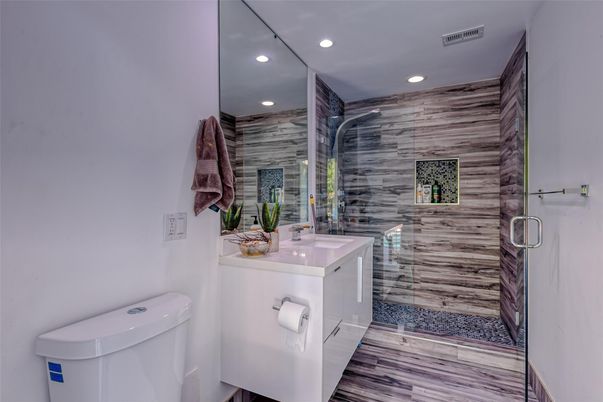 Bathroom, Glass Shower, Interior, Recessed Lighting, Wood Texture Flooring